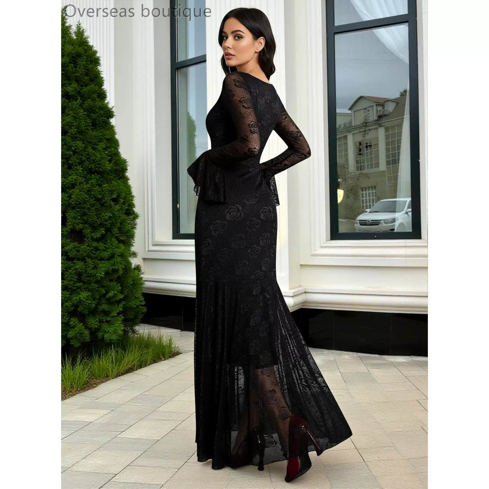 Irregular hemline slim fit dress with mesh jacquard square collar and irregular skirt