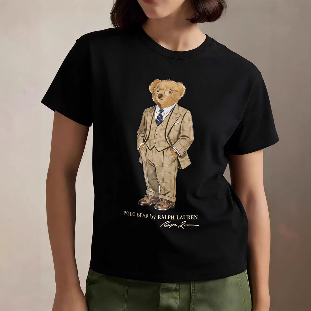 European and American Cross border 2026 Summer Cross border Women's Fashion New Casual Bear Printed Round Neck T-shirt Short Sleeve Top