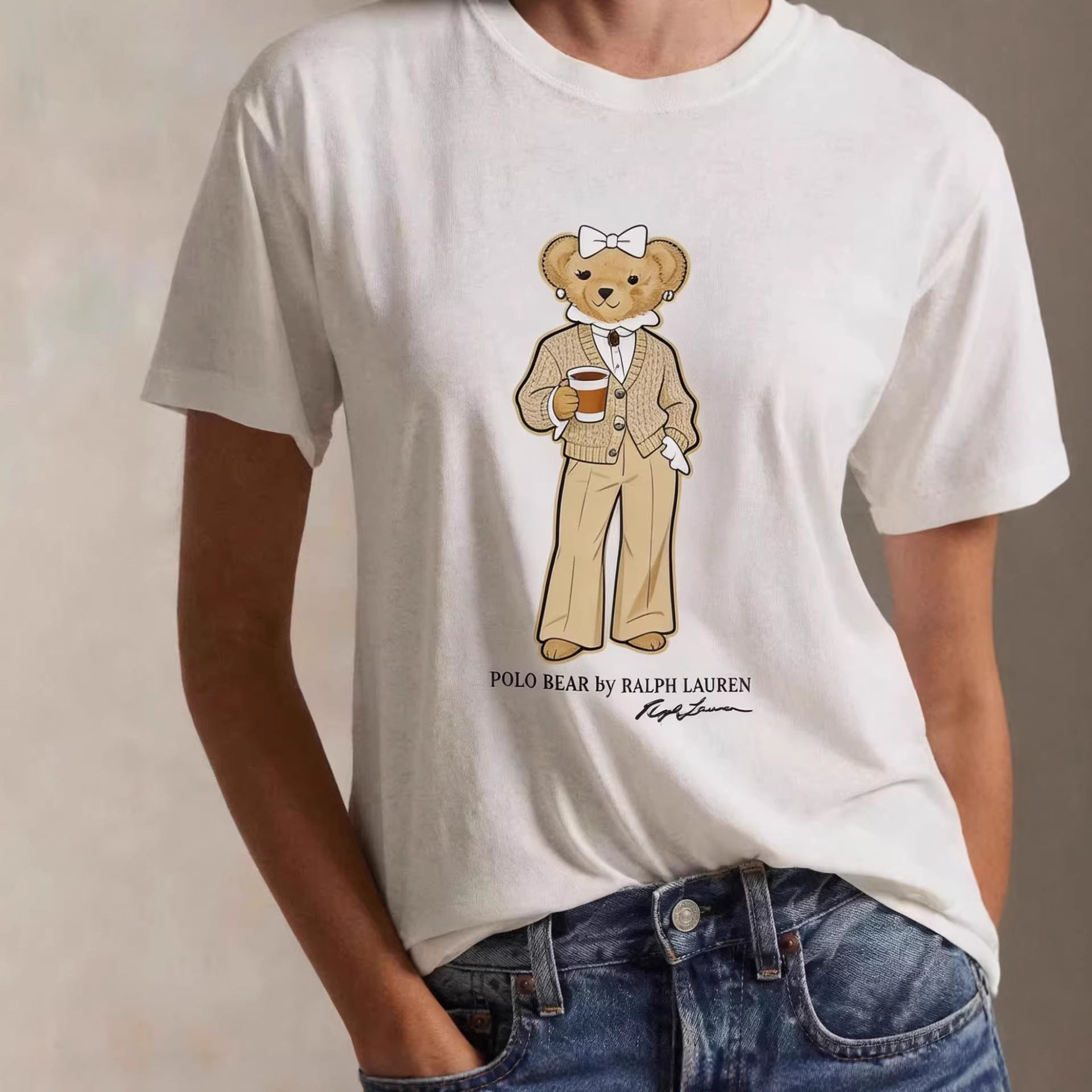 European and American Cross border 2026 Summer Cross border Women's Fashion New Casual Bear Printed Round Neck T-shirt Short Sleeve Top