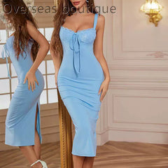 Lace patchwork slit camisole dress slim fit lace patchwork slit suspender dress