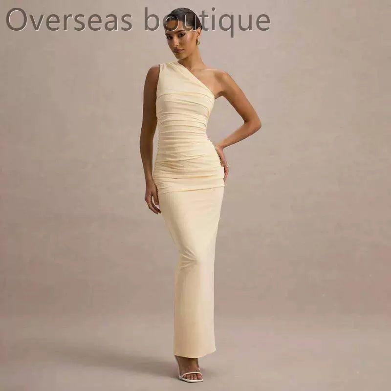 Slanted Shoulder Dress with Folded Diagonal Shoulders, Slimming and Waist cinching Evening Dress for Women