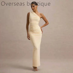 Slanted Shoulder Dress with Folded Diagonal Shoulders, Slimming and Waist cinching Evening Dress for Women