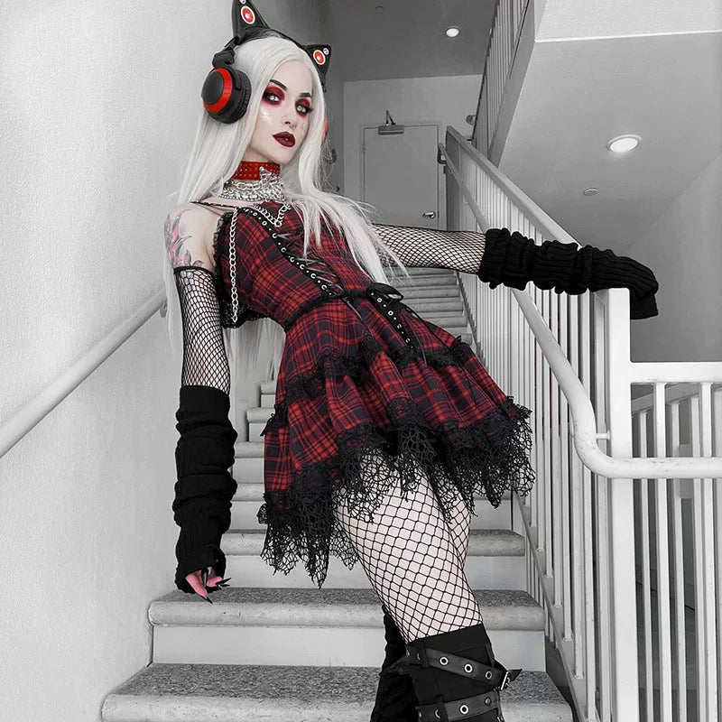 European and American dark style summer gothic plaid dress with lace border straps and waist cinching, deep V-neck spicy girl A-line short skirt for women