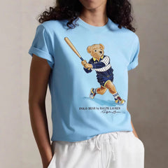 European and American Cross border 2026 Summer Cross border Women's Fashion New Casual Bear Printed Round Neck T-shirt Short Sleeve Top