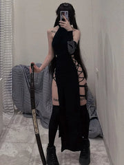 Dress Slim Fit Long Dress Knitted High Neck Sleeveless Hollow Out Dress for Spicy Girls, Slimming Long Dress