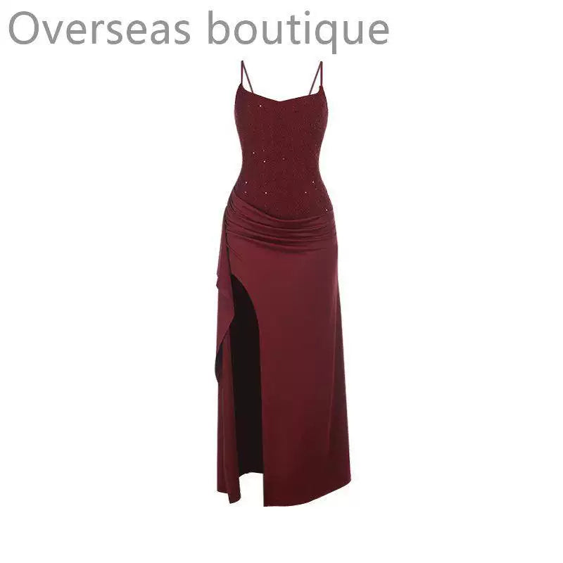 Split party dress for women with suspender texture and split party dress