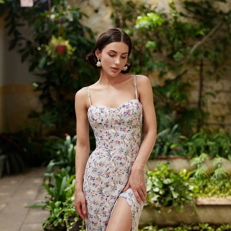 European and American 2026 new cross-border women's sexy slim fit slit sweet and spicy style high waisted sleeveless printed suspender dress