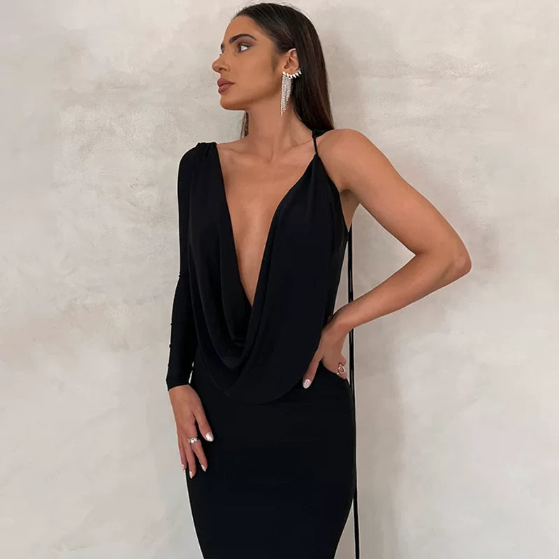 Autumn Winter One Shoulder Slim Dress Solid Color Women's Wear