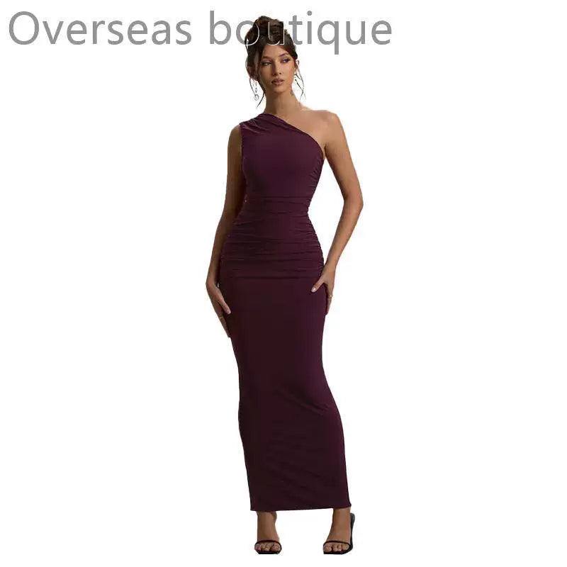 Slanted Shoulder Dress with Folded Diagonal Shoulders, Slimming and Waist cinching Evening Dress for Women