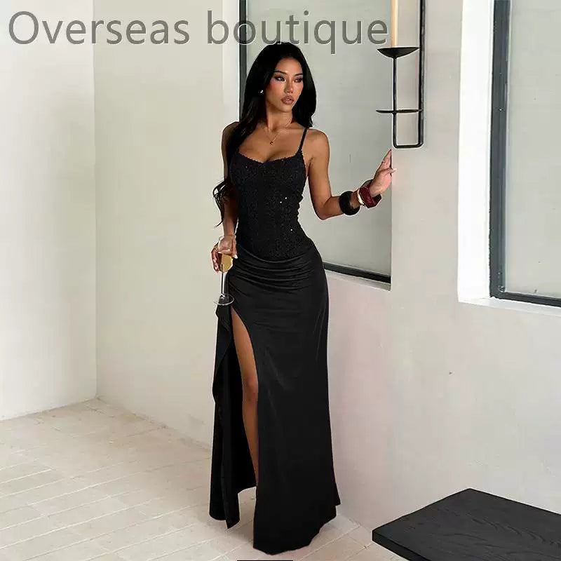 Split party dress for women with suspender texture and split party dress