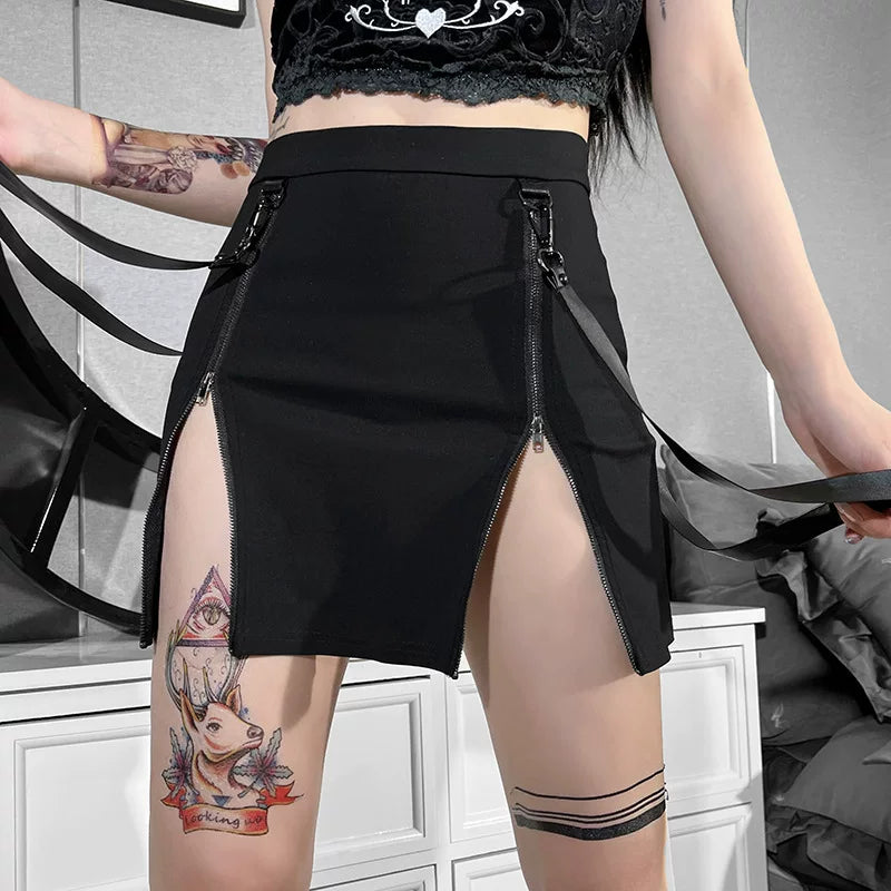Design sense: Double zipper, high waist, slit, spicy girl, tight fitting, hip hugging skirt, women's trendy, short, sexy half length skirt, summer