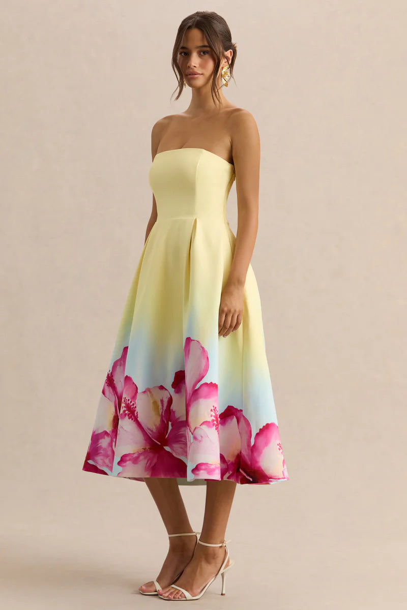2026 new cross-border women's goose yellow strapless gradient printed A-line dress with waist cinching and large swing in Europe and America