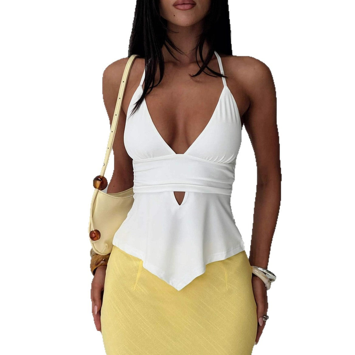 2025 European and American Cross border V-neck Hanging Neck Hollow Irregular Strap Top Sexy Spicy Girl Vest Bareback Tight