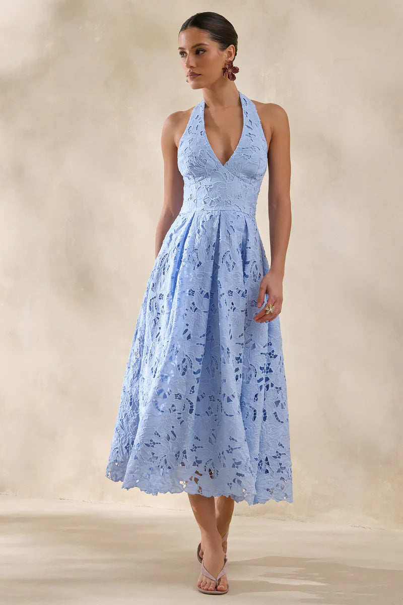 2026 New Cross border Women's Dress from Europe and America, Gentle Vacation Style, Elegant Lace Hanging Neck, V-neck, Waist cinching, Slimming Dress