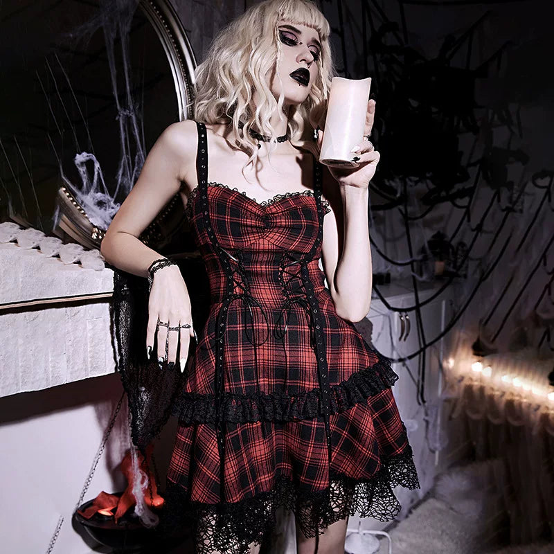 European and American dark style summer gothic plaid dress with lace border straps and waist cinching, deep V-neck spicy girl A-line short skirt for women