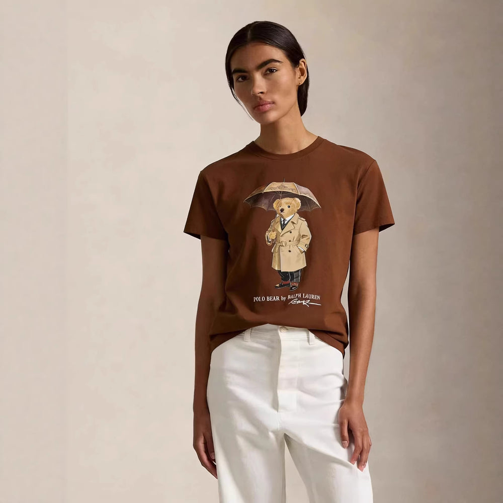 European and American Cross border 2026 Summer Cross border Women's Fashion New Casual Bear Printed Round Neck T-shirt Short Sleeve Top