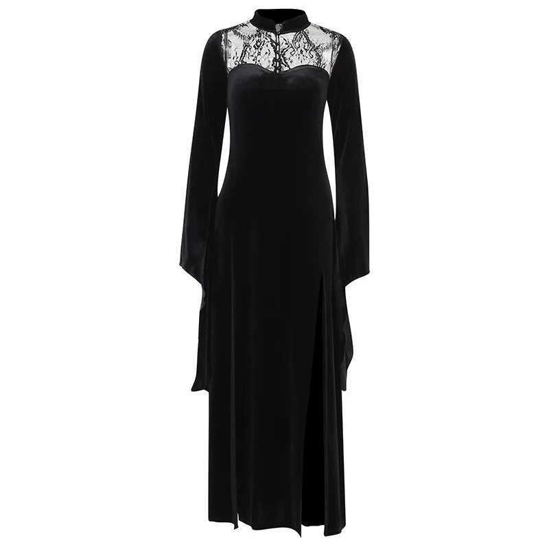 Lace Patch Flare Sleeve Dress with Lace Hollow Splicing Horn Sleeve Long Dress for Women