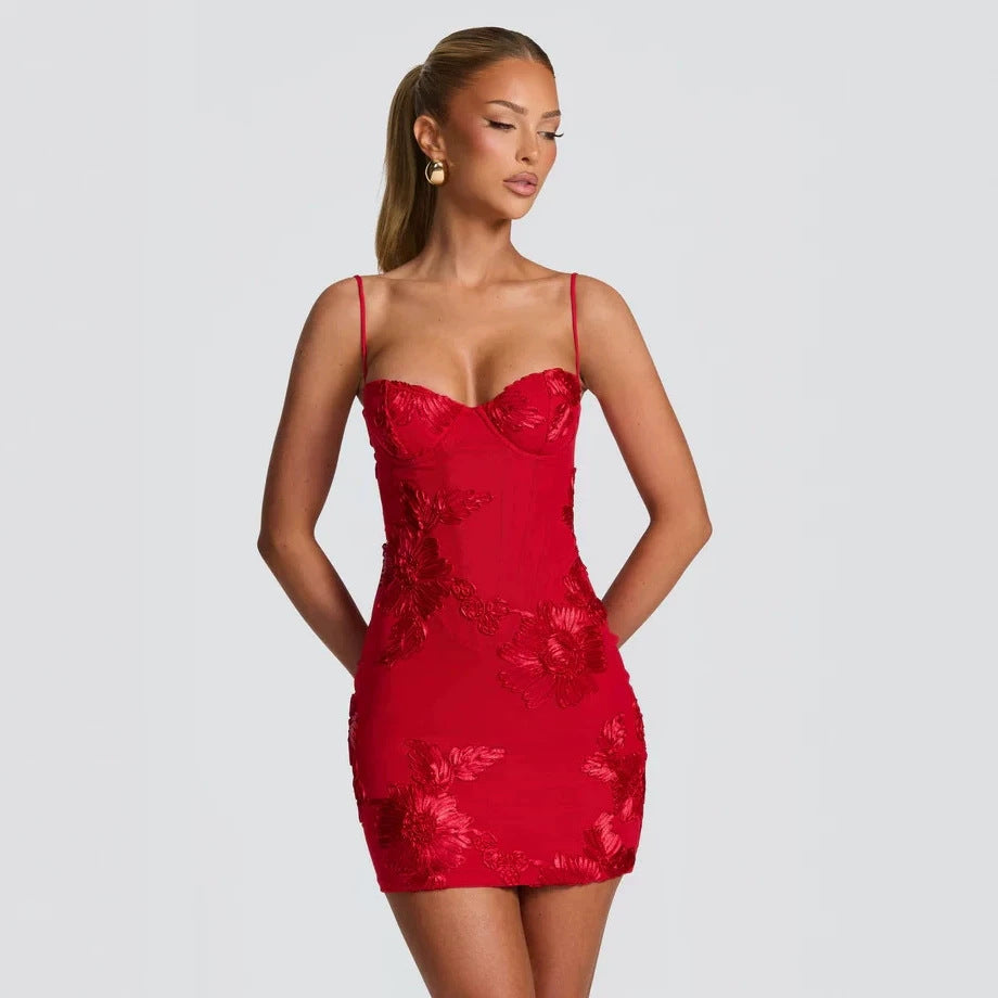 European and American 2026 new cross-border women's clothing fashion temperament slim fit with solid color embroidery short skirt sexy suspender dress