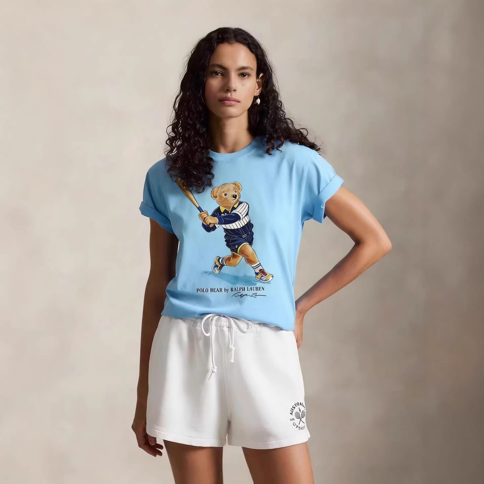 European and American Cross border 2026 Summer Cross border Women's Fashion New Casual Bear Printed Round Neck T-shirt Short Sleeve Top