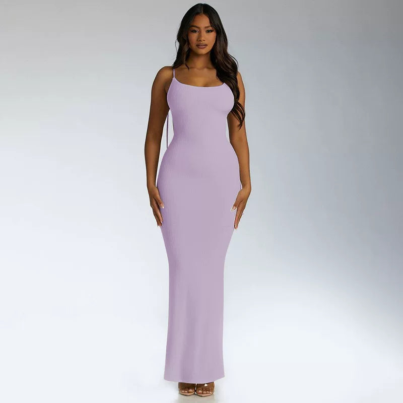 Camisole dress with open back groove strip slim fitting camisole skirt and large backless strap dress