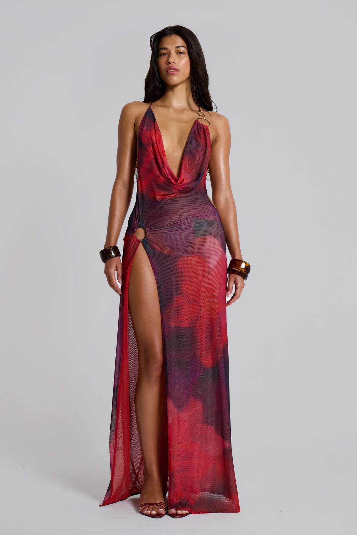 European and American 2026 new cross-border women's sexy spicy girl style blend dye hanging neck high slit waist slimming dress