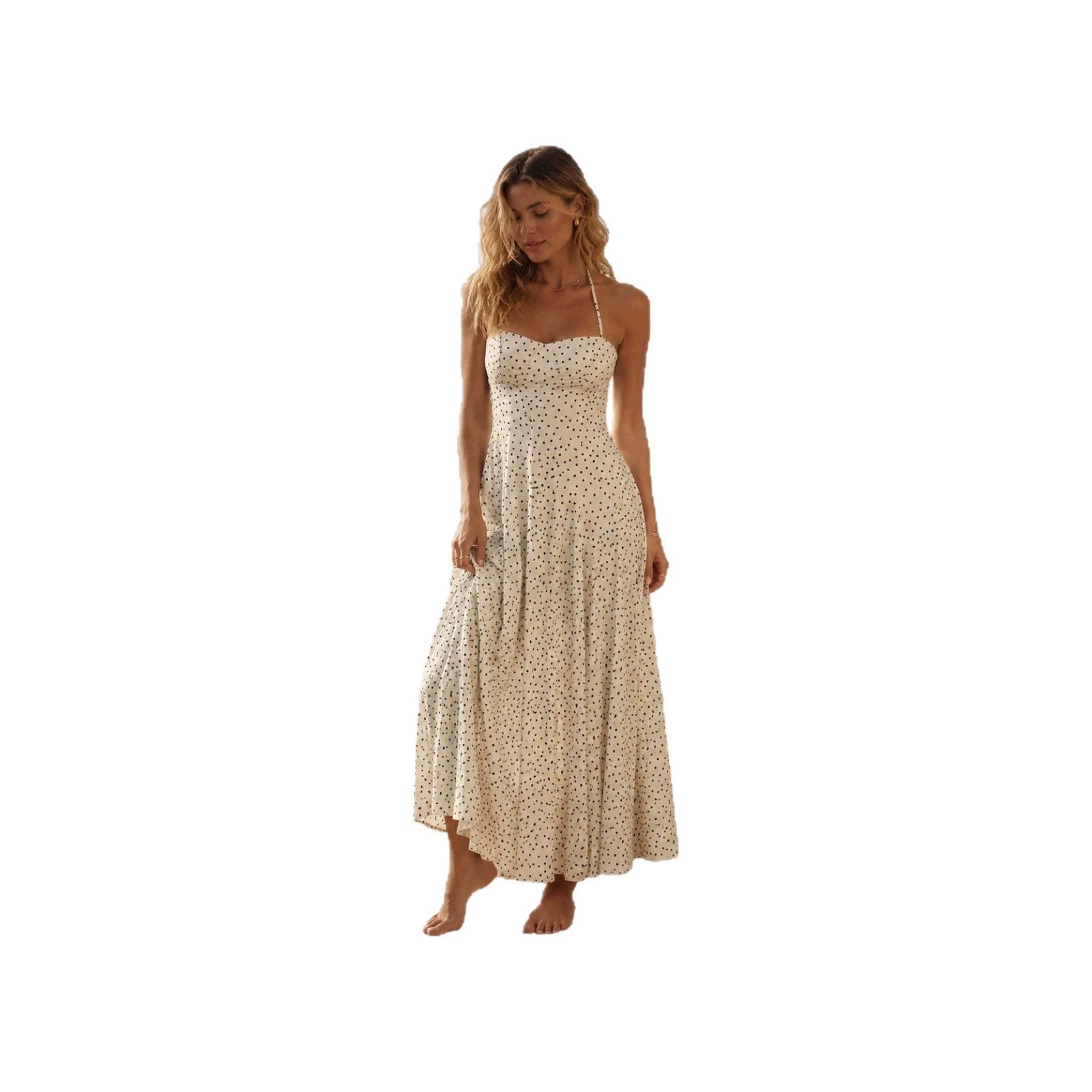 2026 New Cross border Women's Seaside Vacation Style Summer Beach Sleeveless Strap Hanging Neck Polka Dot Dress from Europe and America