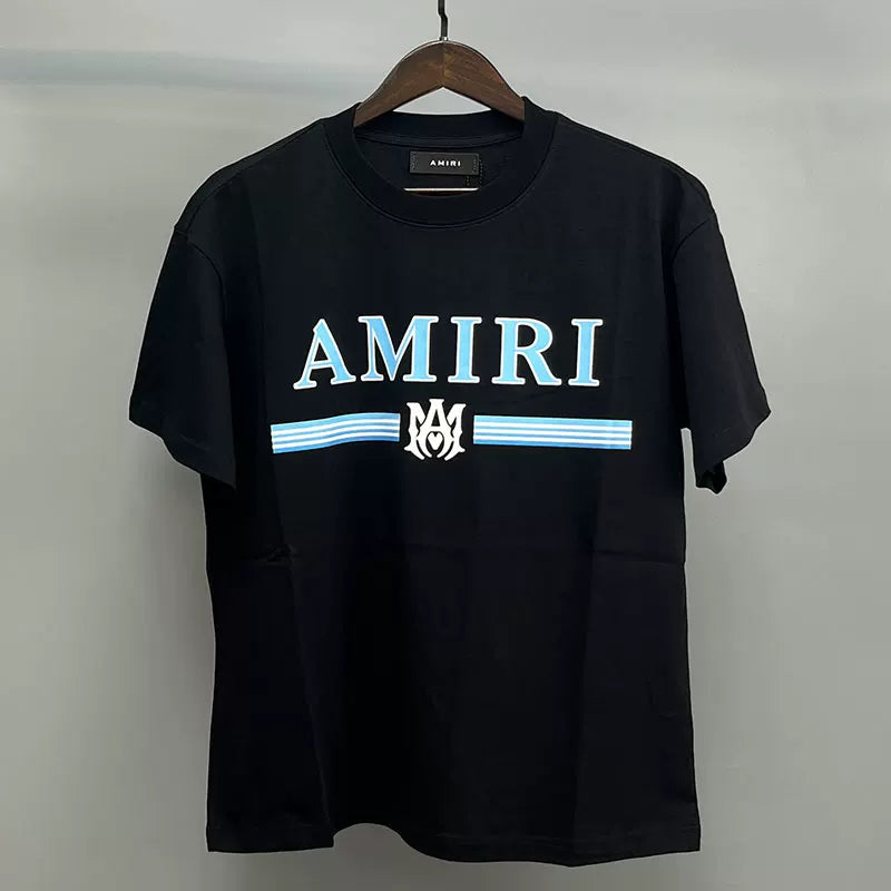 Amiri MA Monogram Stripe Logo Graphic Short Sleeve T-Shirt - Black / Light Blue