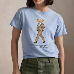 European and American Cross border 2026 Summer Cross border Women's Fashion New Casual Bear Printed Round Neck T-shirt Short Sleeve Top