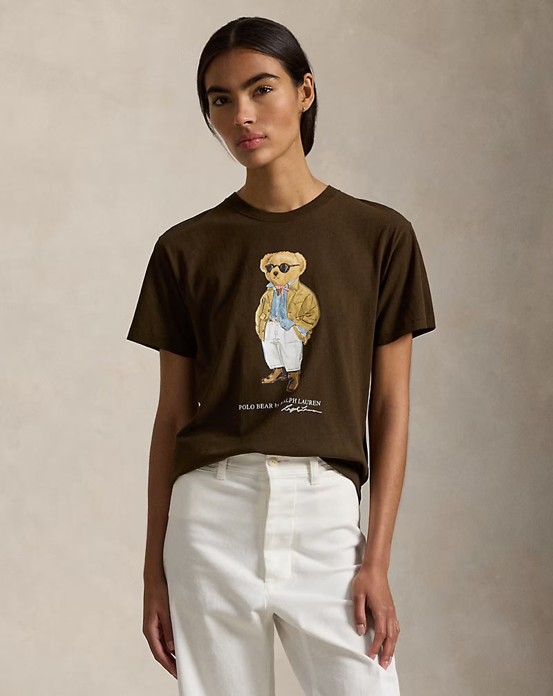 European and American Cross border 2025 Summer Cross border Women's Fashion New Casual Bear Printed T-shirt Round Neck Loose Short Sleeve
