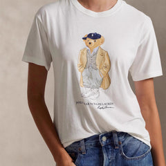 European and American Cross border 2025 Summer Cross border Women's Fashion New Casual Bear Printed T-shirt Round Neck Loose Short Sleeve