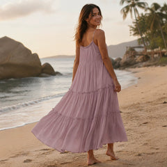 2026 New Cross border Women's Clothing French Fashion Seaside Vacation Style Strap Solid Color Midi Dress Long Skirt in Europe and America