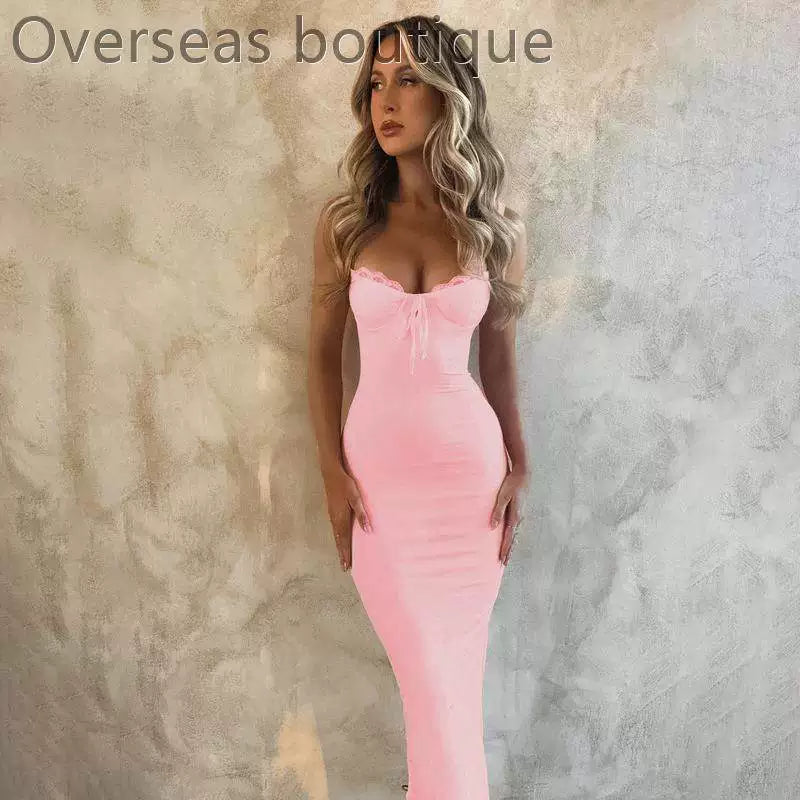 Lace patchwork slit camisole dress slim fit lace patchwork slit suspender dress