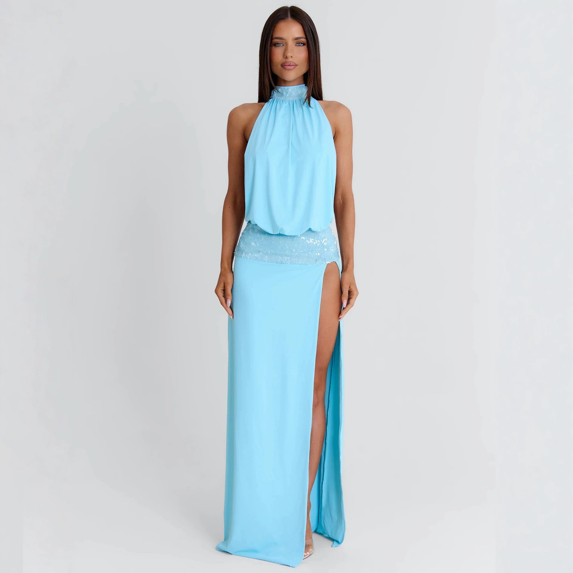 2026 new cross-border women's fashion and sexy temperament hanging neck spicy girl slim fit slit sequin dress from Europe and America