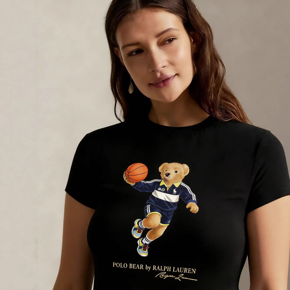 European and American Cross border 2026 Summer Cross border Women's Fashion New Casual Bear Printed Round Neck T-shirt Short Sleeve Top