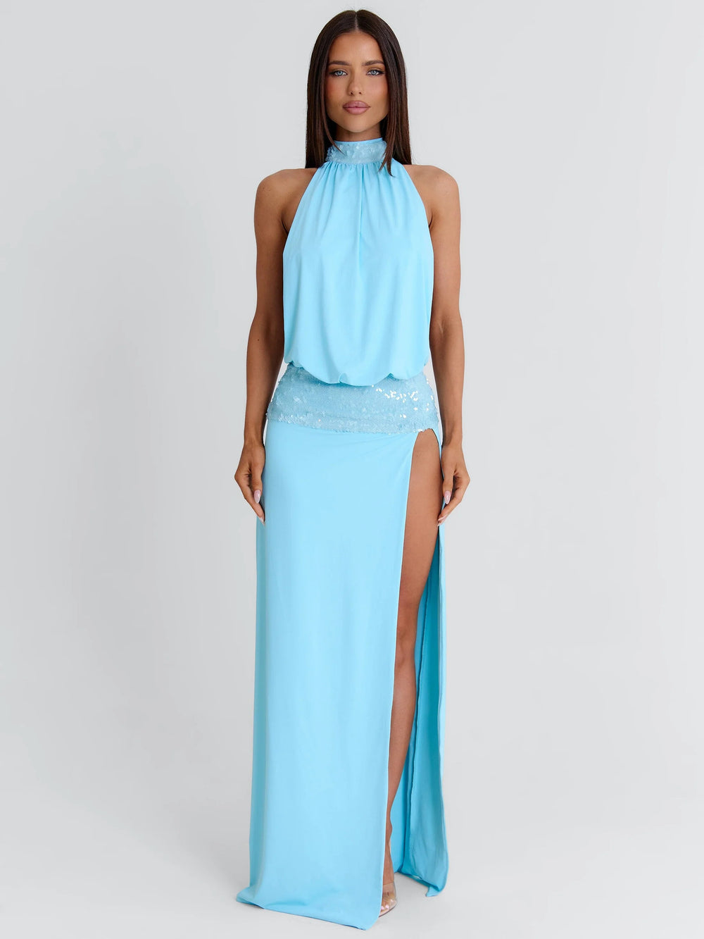 2026 new cross-border women's fashion and sexy temperament hanging neck spicy girl slim fit slit sequin dress from Europe and America