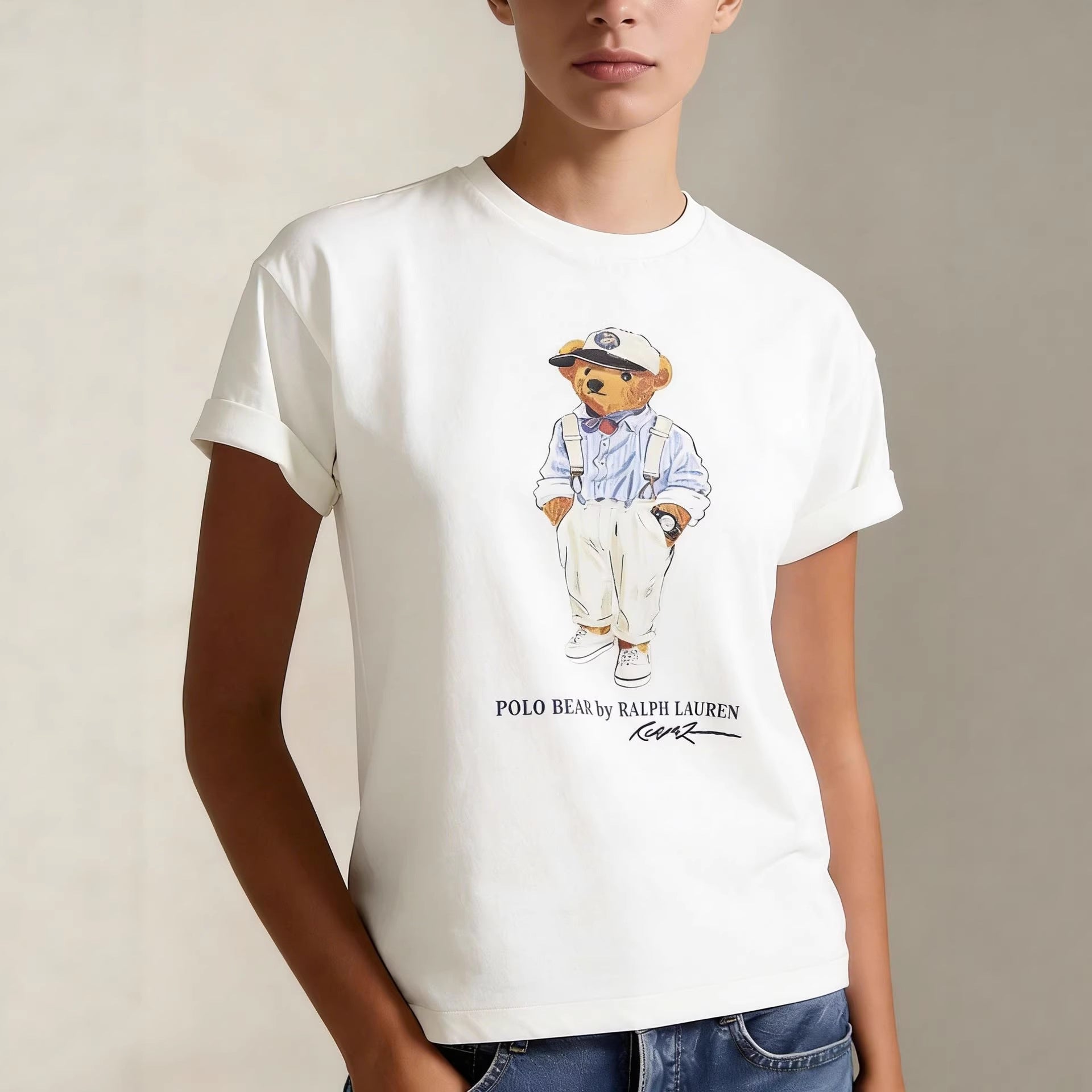 European and American Cross border 2026 Summer Cross border Women's Fashion New Casual Bear Printed Round Neck T-shirt Short Sleeve Top