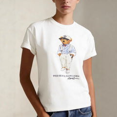 European and American Cross border 2026 Summer Cross border Women's Fashion New Casual Bear Printed Round Neck T-shirt Short Sleeve Top