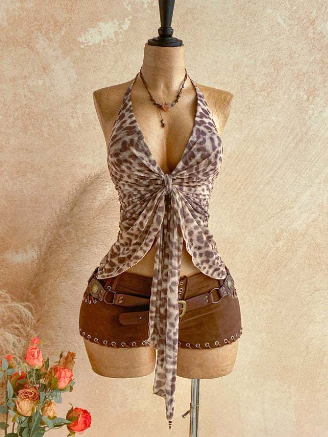 2026 Cross border Summer New Product Fashionable Hanging Neck Printed Ribbon Mesh Strap Tank Top V-neck European and American Explosive Top