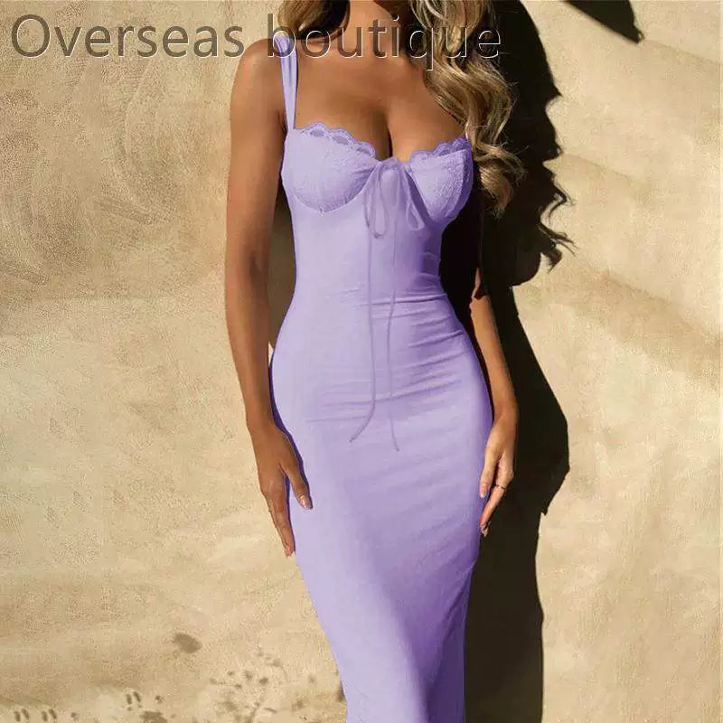 Lace patchwork slit camisole dress slim fit lace patchwork slit suspender dress