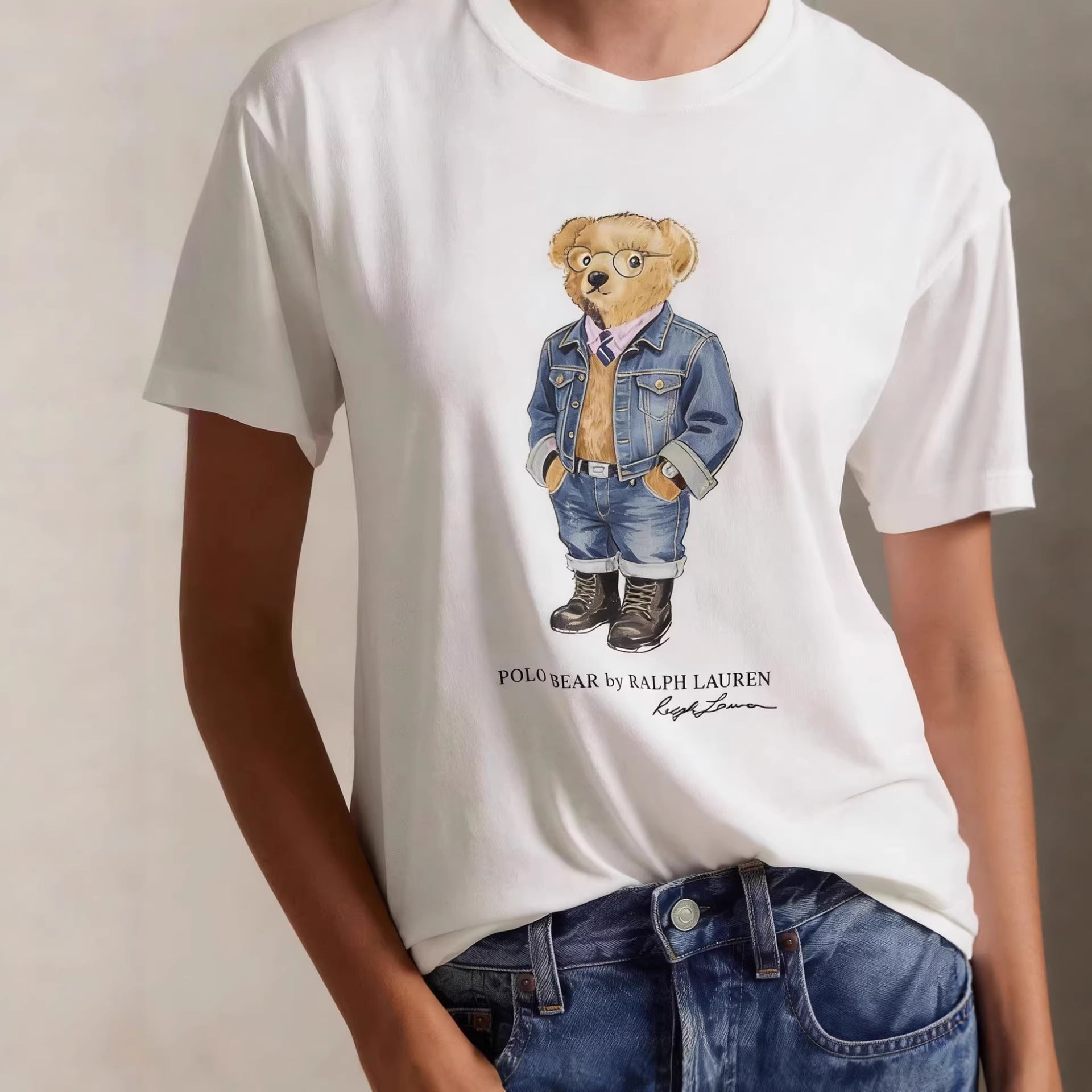 European and American Cross border 2026 Summer Cross border Women's Fashion New Casual Bear Printed Round Neck T-shirt Short Sleeve Top