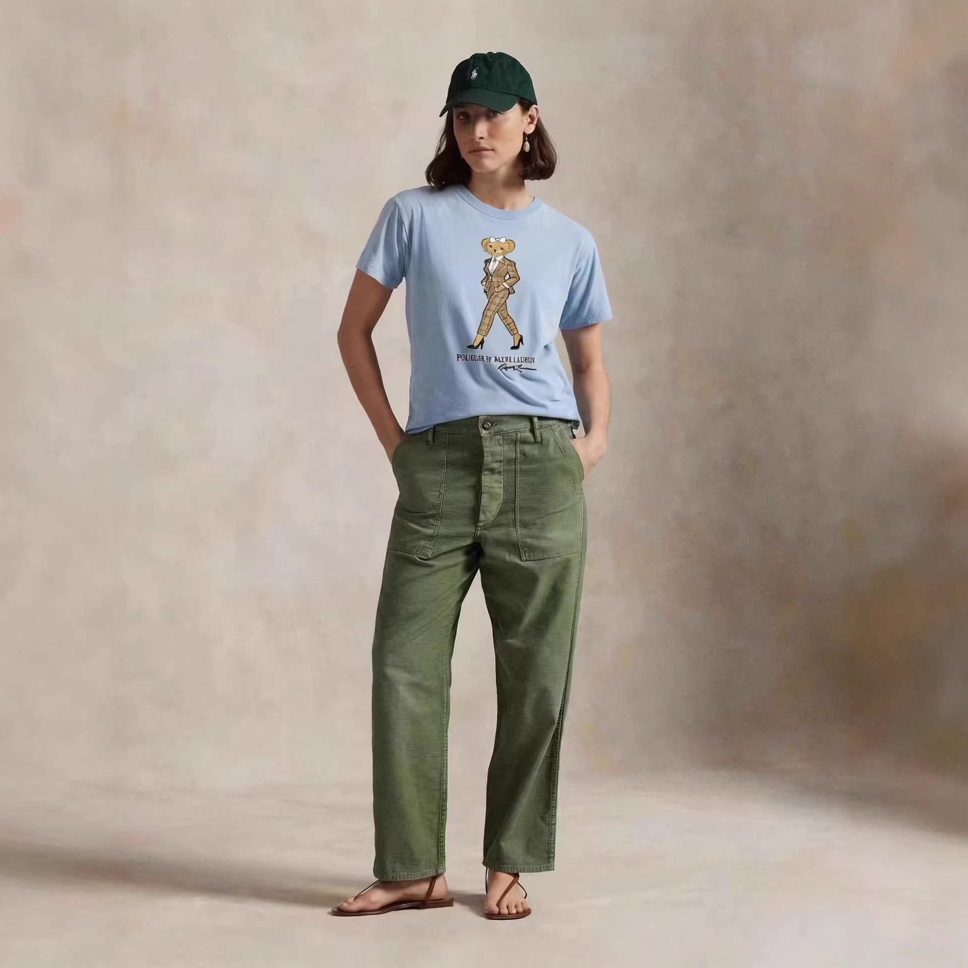 European and American Cross border 2026 Summer Cross border Women's Fashion New Casual Bear Printed Round Neck T-shirt Short Sleeve Top