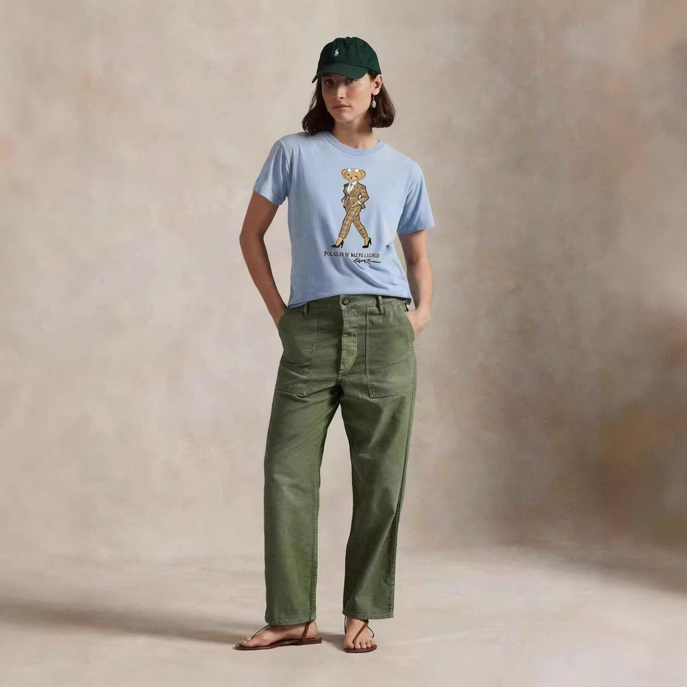 European and American Cross border 2026 Summer Cross border Women's Fashion New Casual Bear Printed Round Neck T-shirt Short Sleeve Top