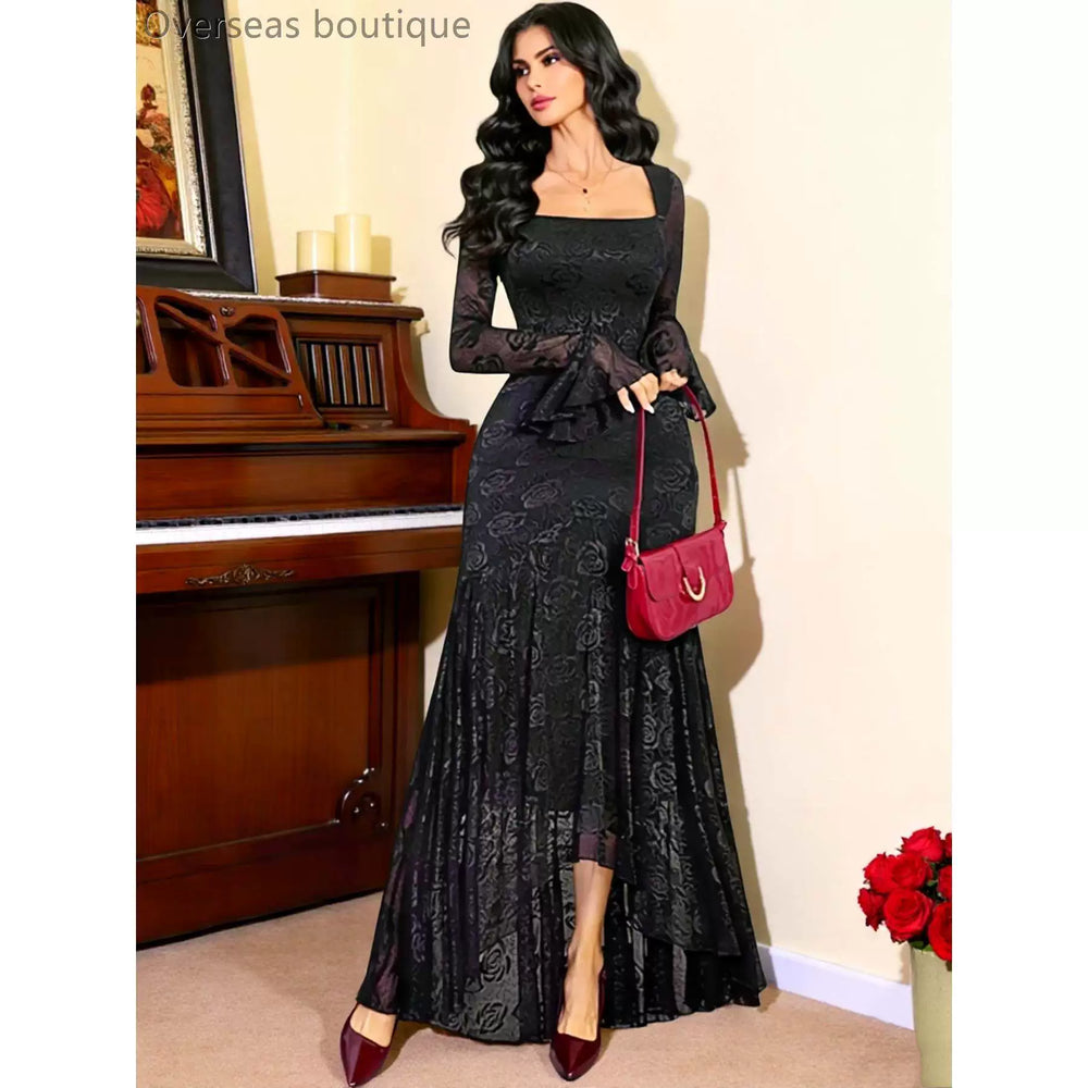 Irregular hemline slim fit dress with mesh jacquard square collar and irregular skirt