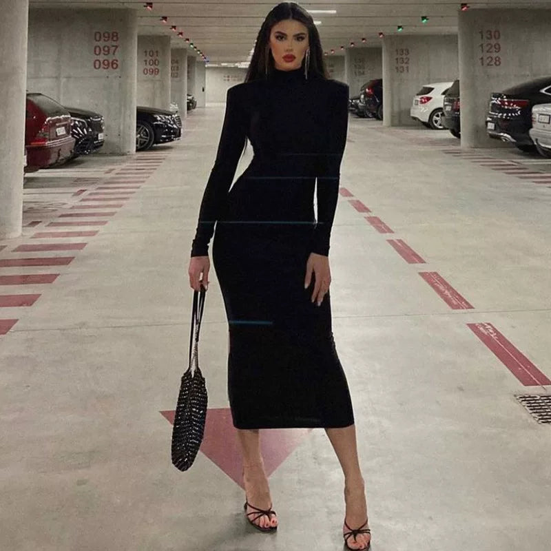 Solid Fit High Neck Long Sleeve Dress Solid Color Slimming High Neck Long Sleeve Dress