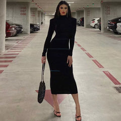 Solid Fit High Neck Long Sleeve Dress Solid Color Slimming High Neck Long Sleeve Dress