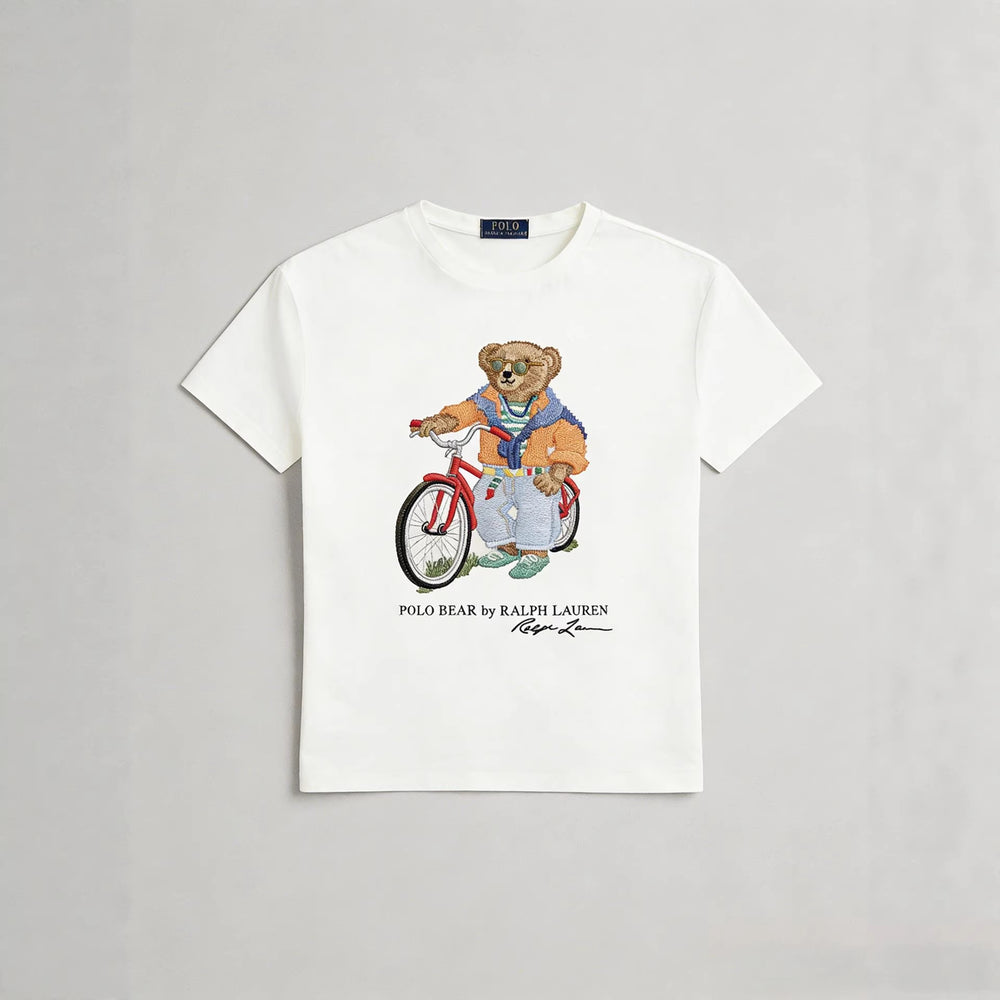 European and American Cross border 2026 Summer Cross border Women's Fashion New Casual Bear Printed Round Neck T-shirt Short Sleeve Top