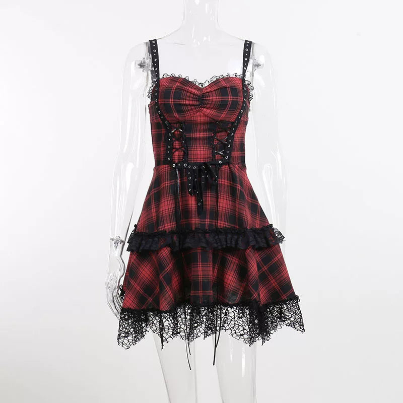 European and American dark style summer gothic plaid dress with lace border straps and waist cinching, deep V-neck spicy girl A-line short skirt for women