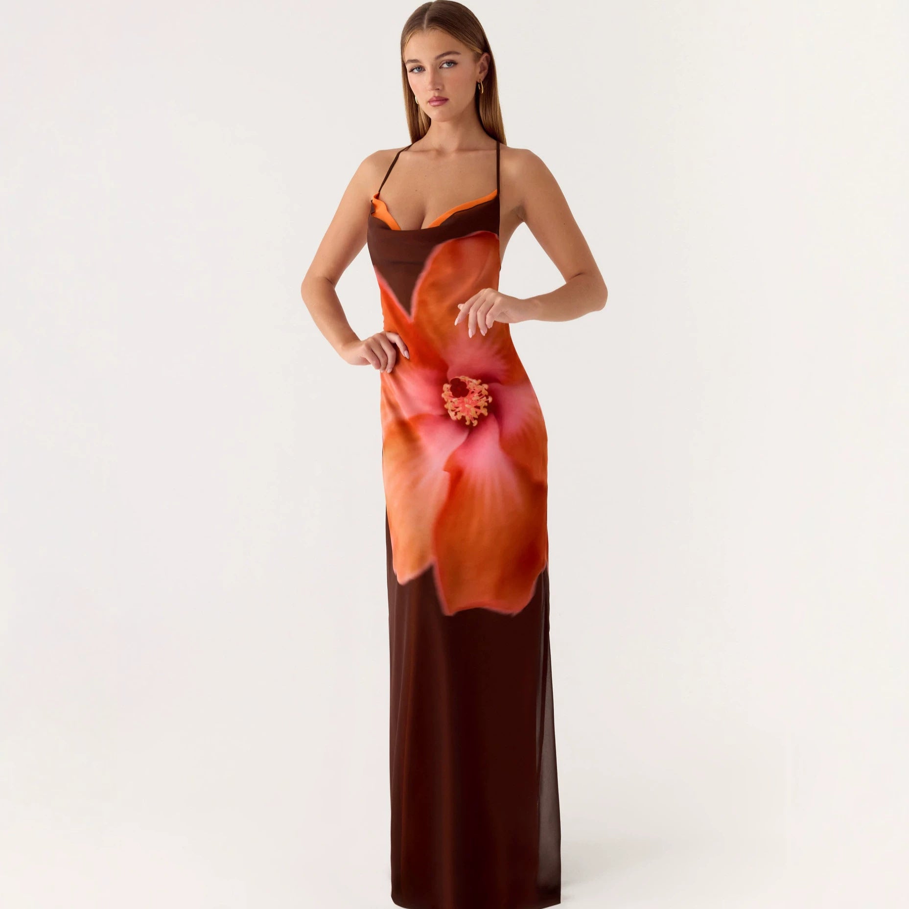 2026 New Cross border Women's Fashion Strap Hanging Neck Printed Waist slimming Trendy Dress Long Skirt from Europe and America