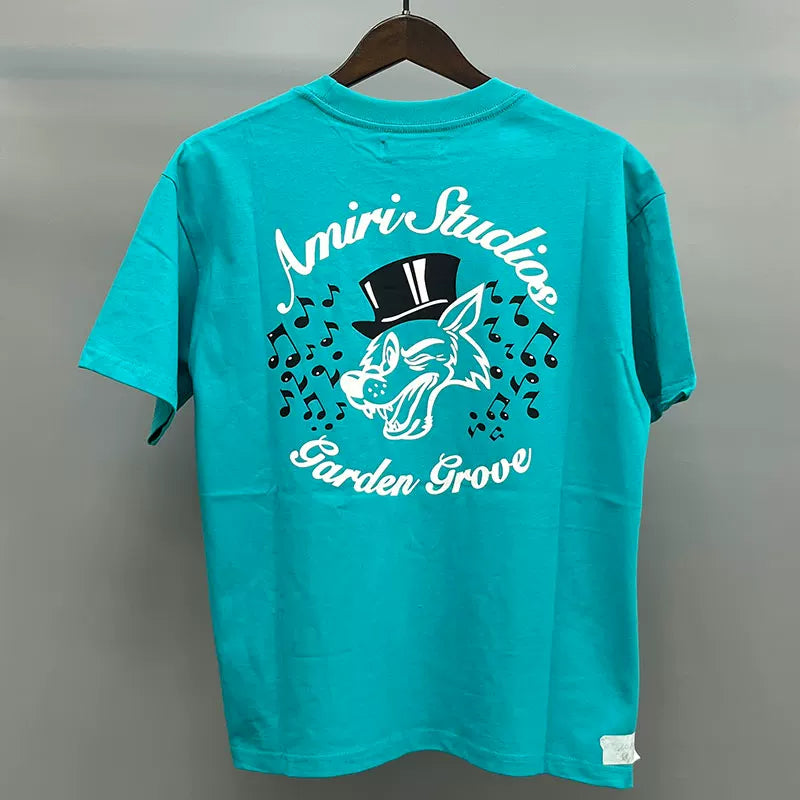 Amiri Studios Garden Grove Top Hat Wolf Graphic Short Sleeve T-Shirt - Turquoise