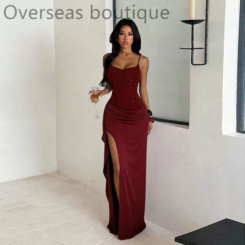 Split party dress for women with suspender texture and split party dress